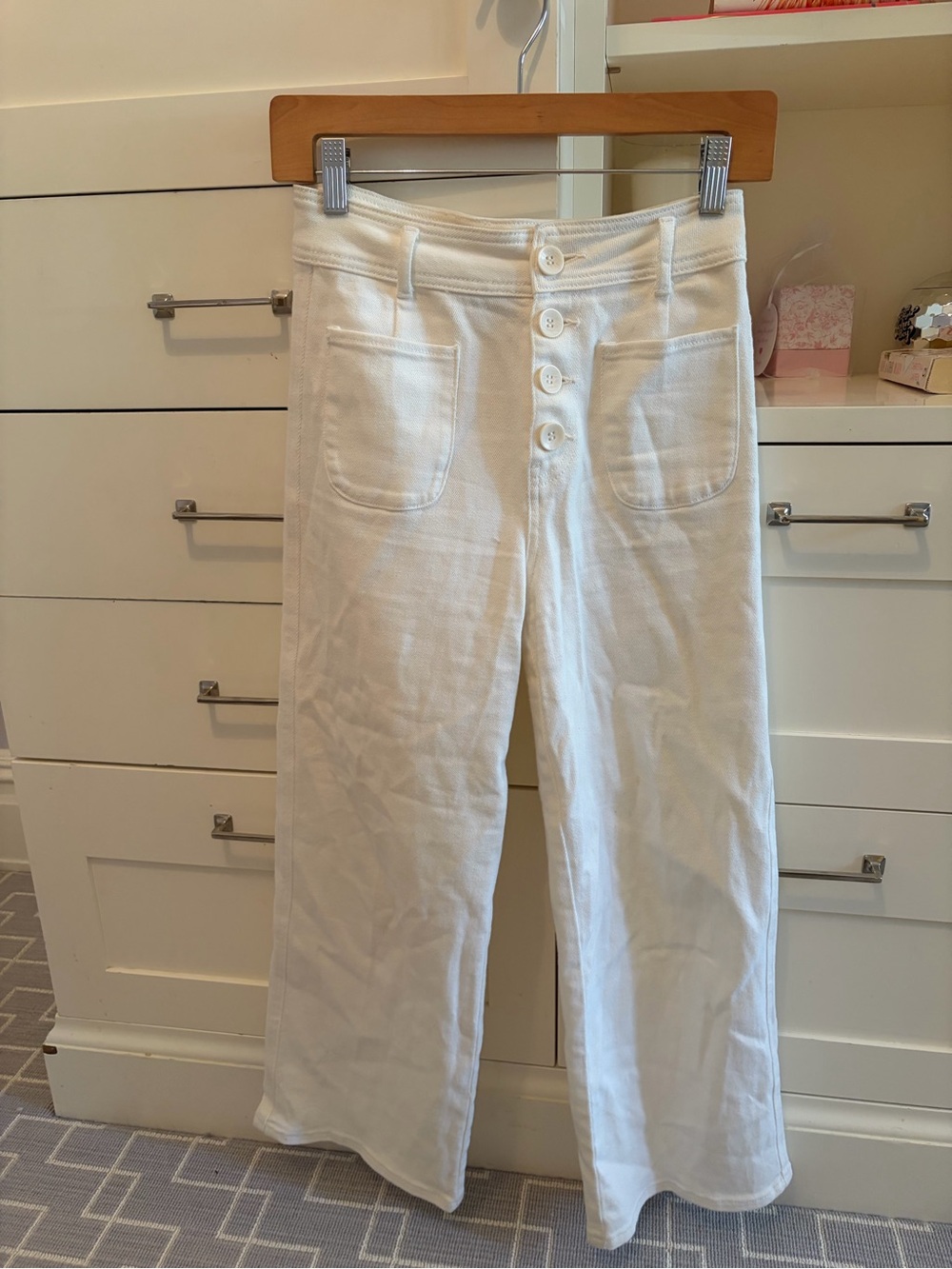 High-Rise White Button-Front Wide Leg Jeans
